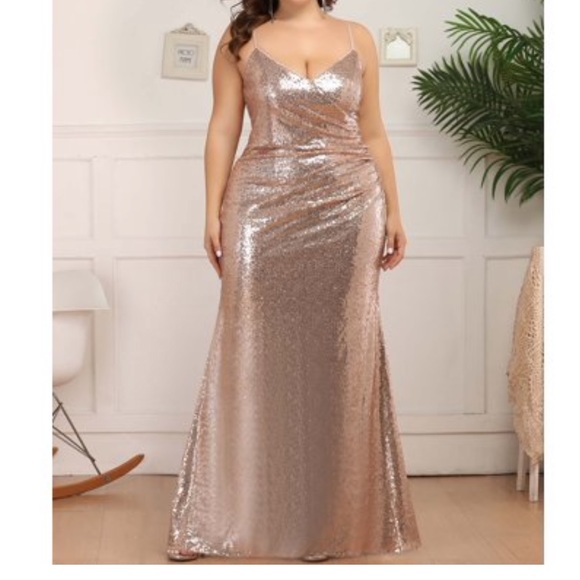 Rose Gold Metallic Spaghetti Strap Evening Gown Prom Dress Bridesmaid MOB - Picture 5 of 8
